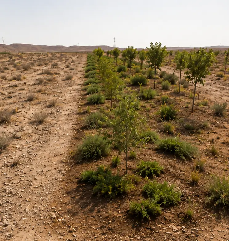 02. Reforestation & Land Rehabilitation 2 Rows of young trees and vegetation growing in an arid landscape.