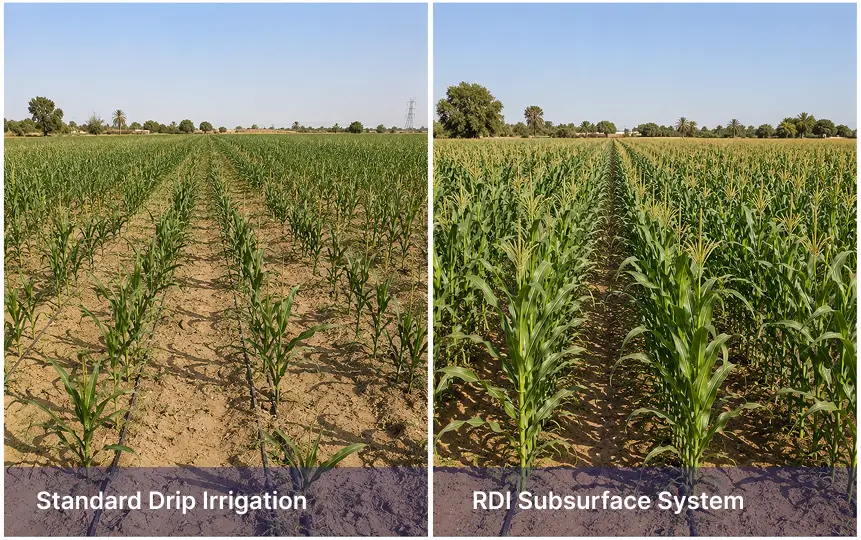 03. With Standard Drip vs RDI Comparison of corn grown with standard drip irrigation and the RDI subsurface system.